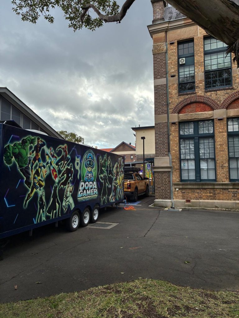 Exterior of Dopa Gamer video game trailer hire Sydney for OOSH holiday programs