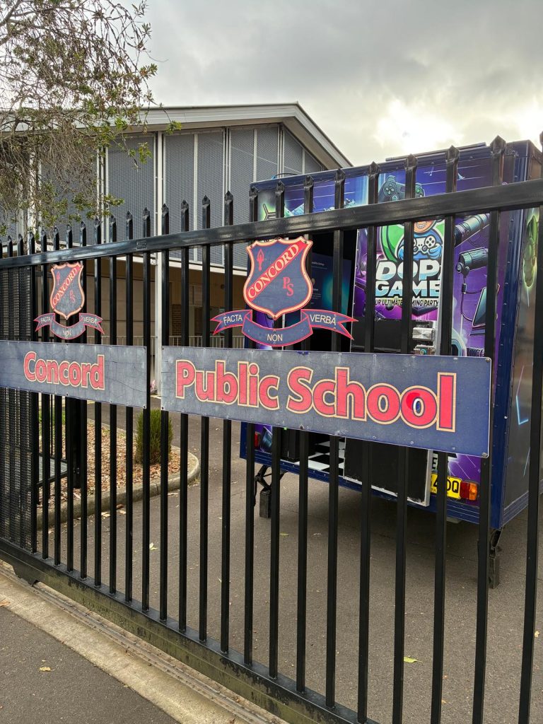 Dopa Gamer mobile gaming bus parked inside a Sydney school for a vacation care incursion