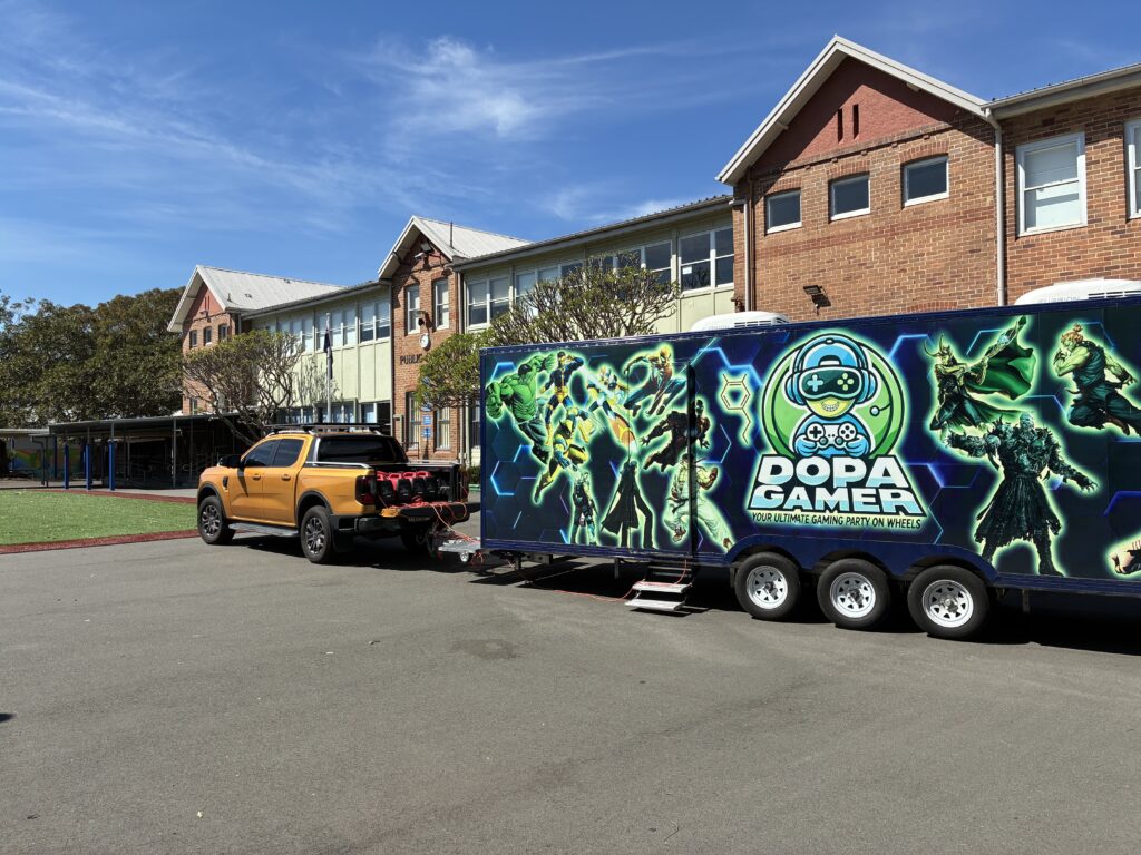 Dopa Gamer mobile gaming trailer parked at a Sydney school for vacation care incursions sydney